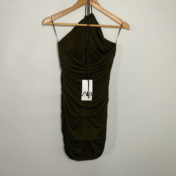 Zara Draped Cut Out Dress Bodycon Halter Neck Dark Khaki M NWT - Picture 4 of 5
